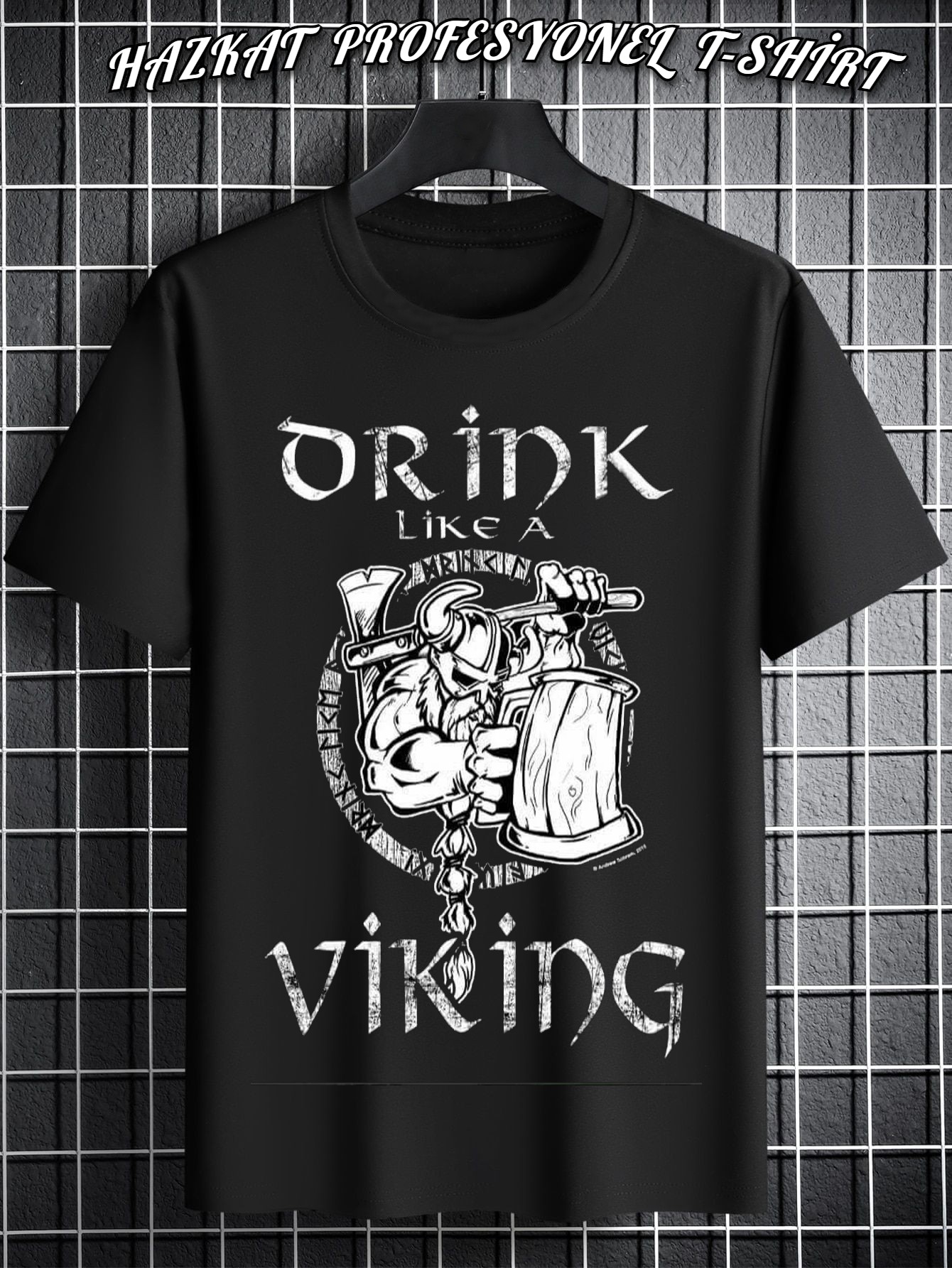 Siyah Dring Viking Baskılı Tshirt