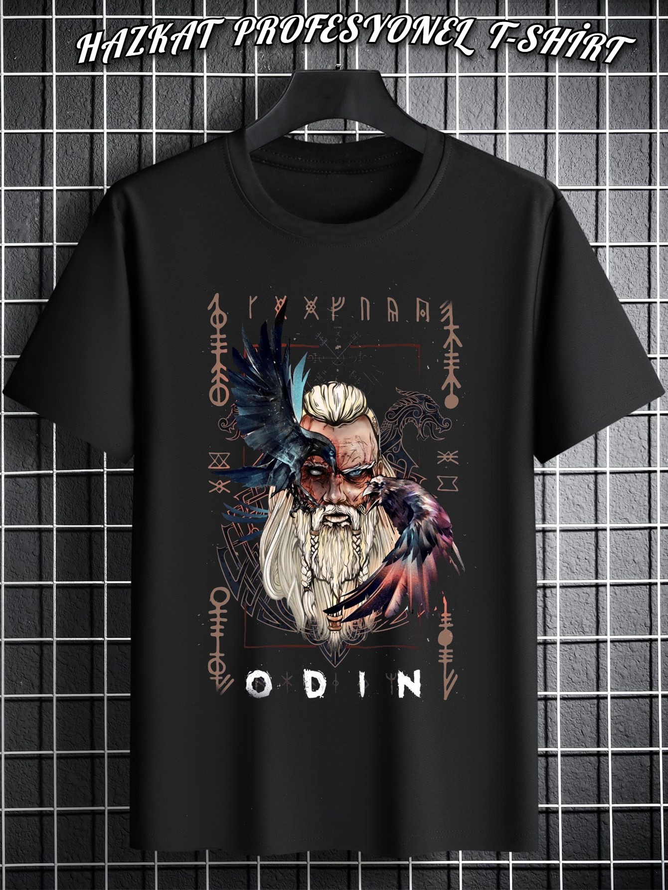 Siyah Odin valhalla Baskılı tshirt