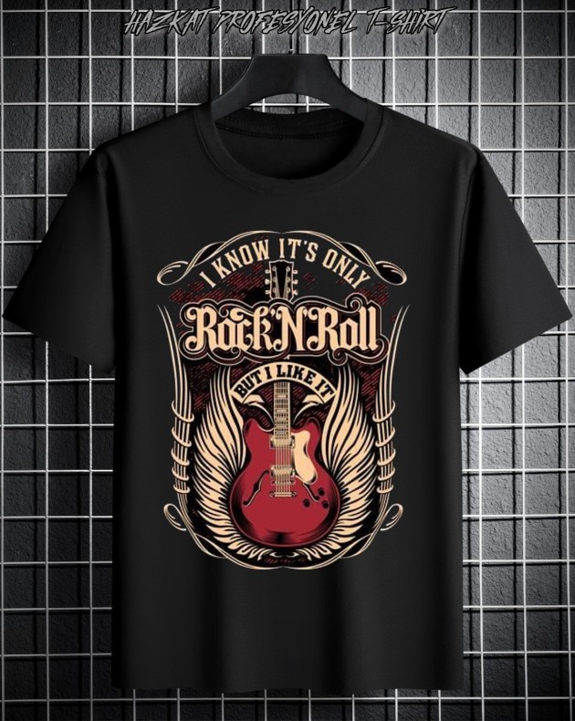 Siyah Rock and roll Retro Baskılı Tshirt